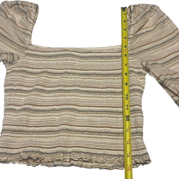 Striped Smocked Square Neck Crop Top With Long Balloon Sleeves In Neutral Stripe - Picture 10 of 13